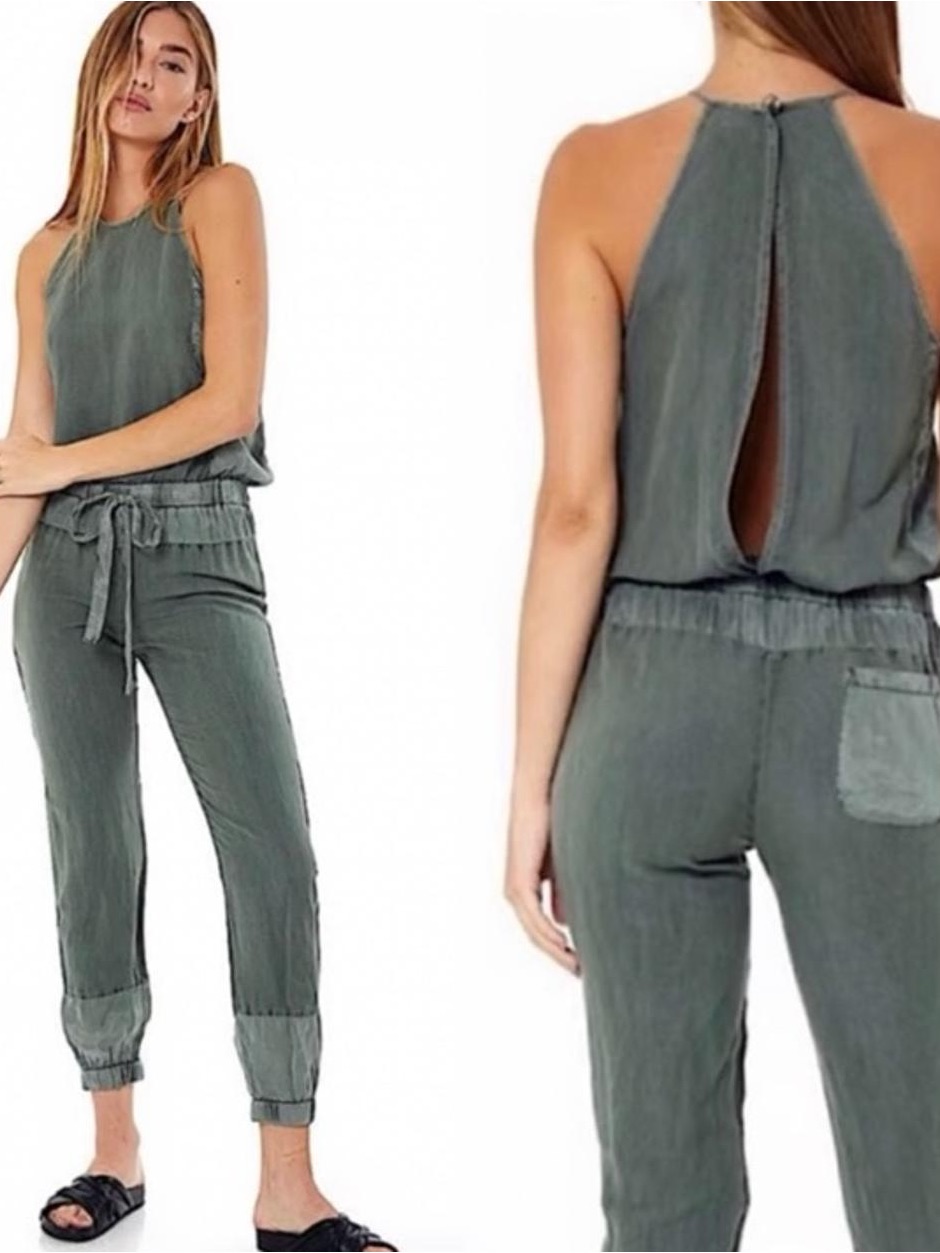 Young Fabulous & Broke Diego Olive Green Linen Blend Halter Jumpsuit Size Small